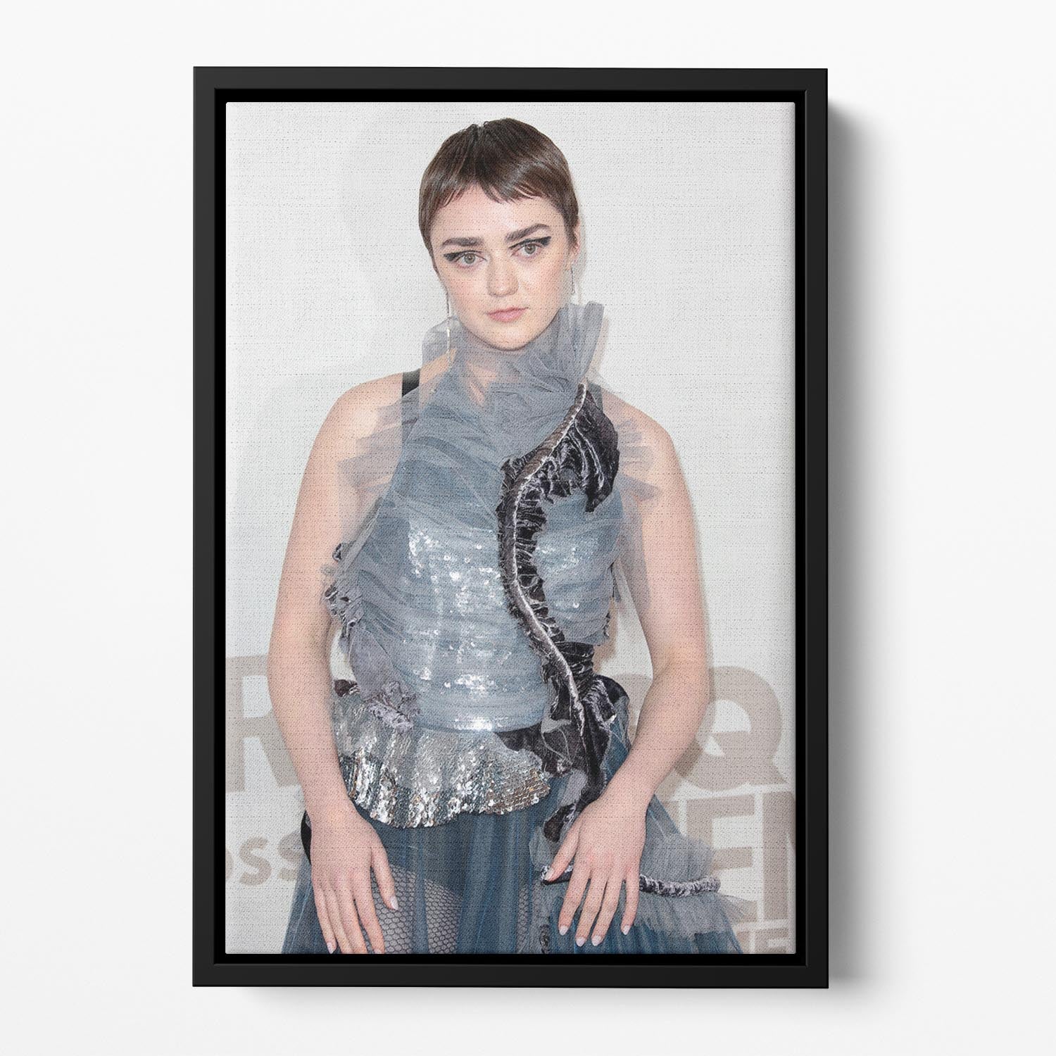Maisie Williams 2023 Floating Framed Canvas featuring vibrant abstract design in an elegant wooden frame.