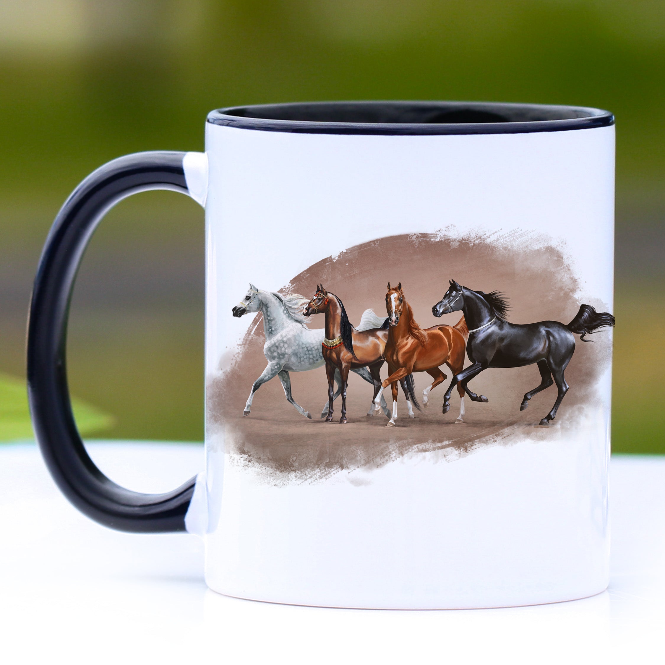 Majestic Arabian Horses Coffee Mug with black handle and interior, showcasing elegant horse design.