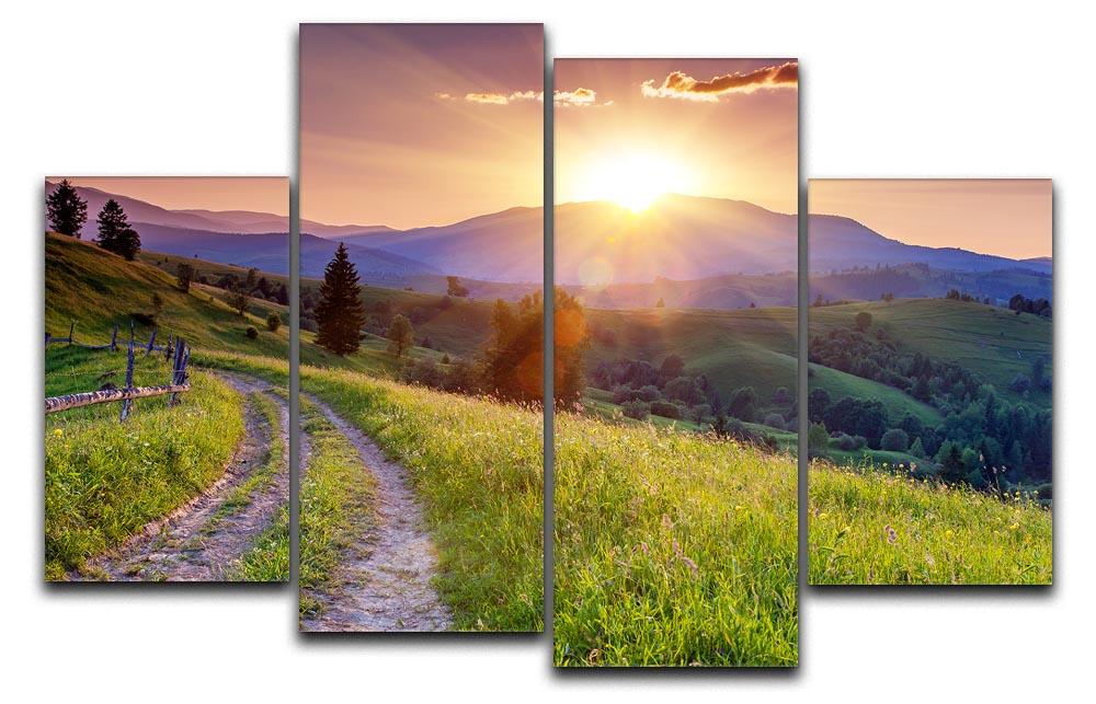 Majestic sunset over mountains displayed in a 4-panel split canvas artwork, showcasing vibrant colors and serene scenery.