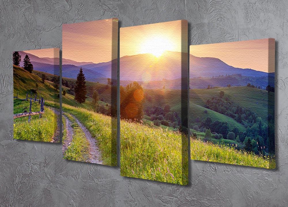 Majestic sunset over mountains displayed in a 4-panel split canvas artwork, showcasing vibrant colors and serene scenery.