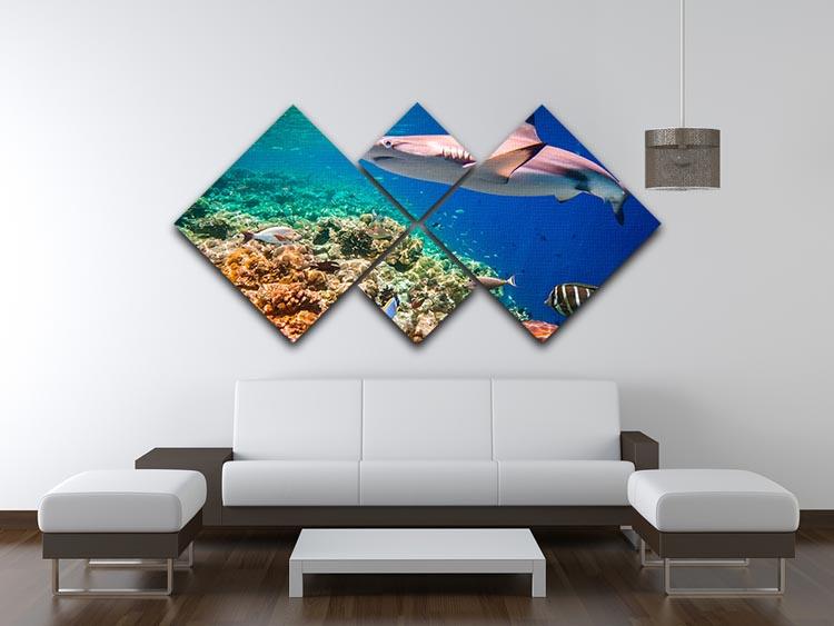 A vibrant 4-square multi-panel canvas artwork depicting a stunning coral reef in the Maldives Indian Ocean, showcasing colorful marine life.