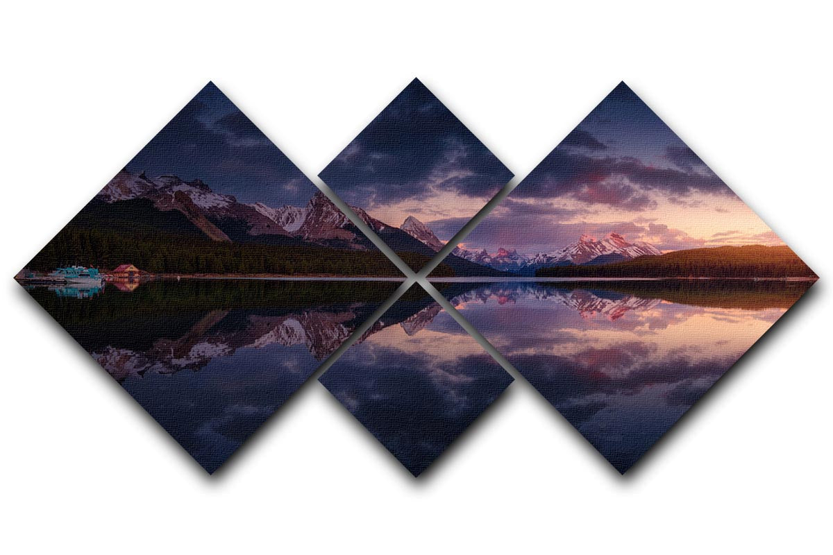 Maligne Mountains 4 Square Multi Panel Canvas artwork featuring stunning mountain scenery divided into four equal panels.
