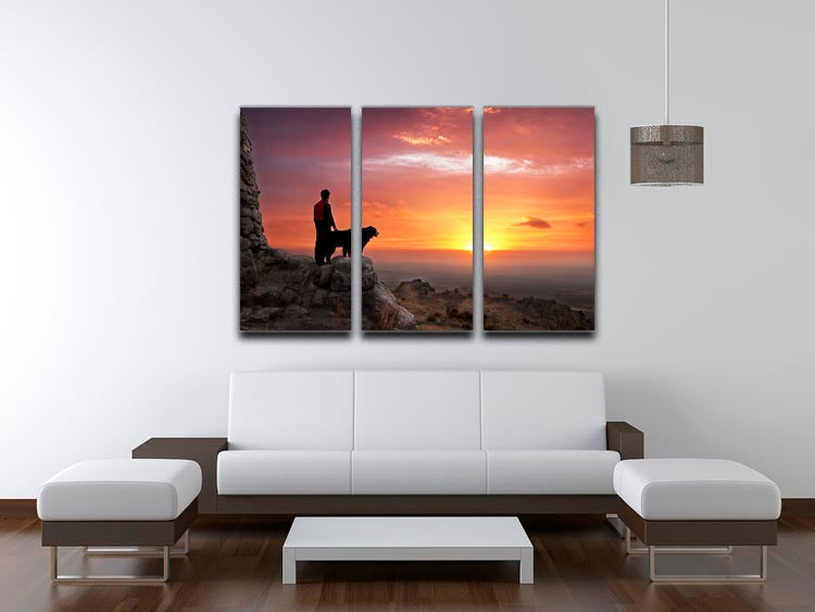 A beautiful 3-panel canvas print featuring a man and his faithful companion, showcasing vibrant colors and intricate details.