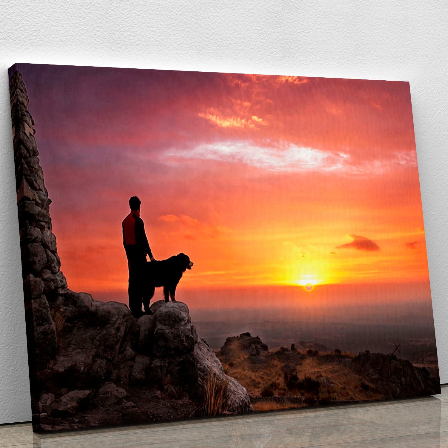 Canvas print of a man and his faithful companion, showcasing loyalty and companionship in a beautiful artistic design.