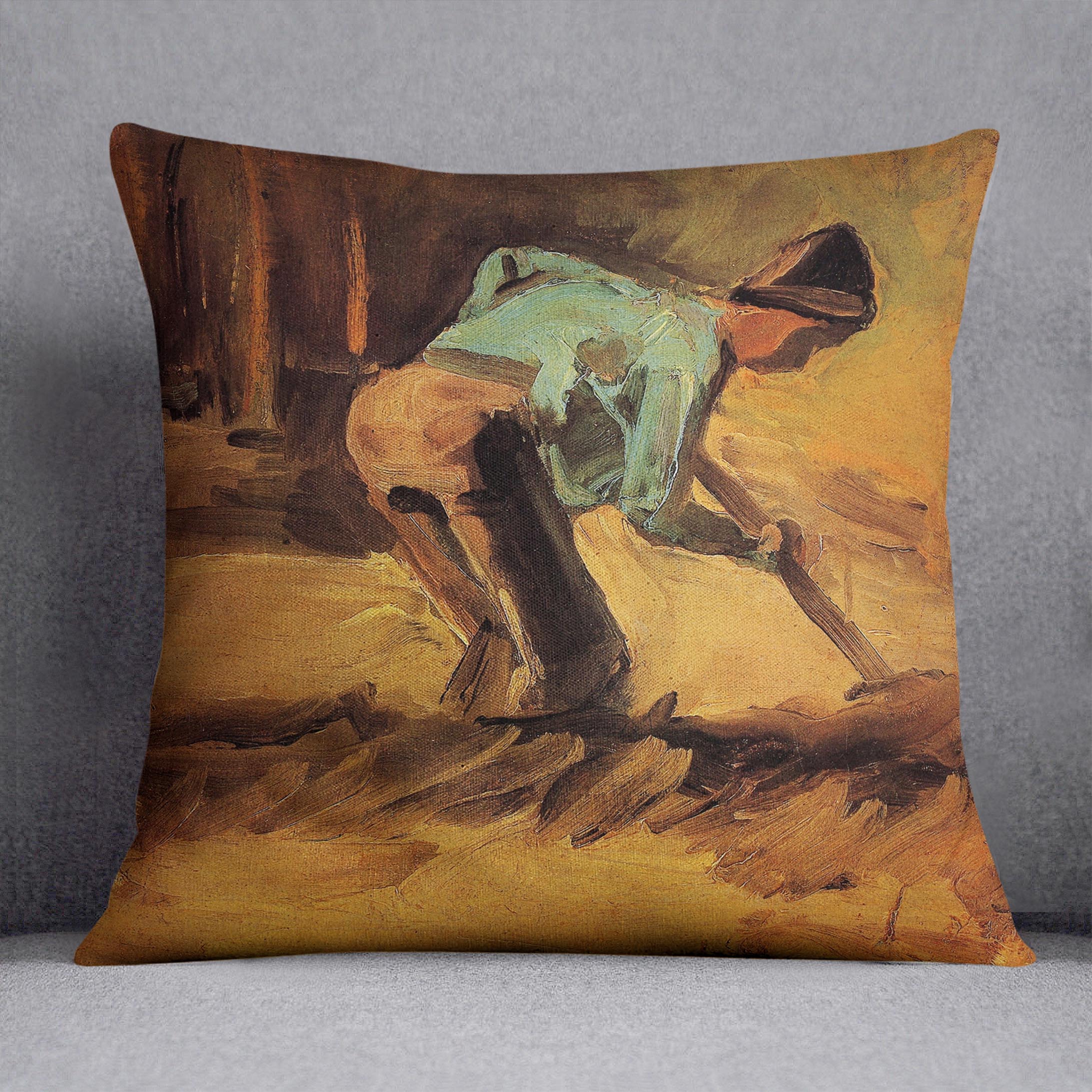 A vibrant cushion featuring Van Gogh's Man Stooping with Stick or Spade artwork, made from luxurious vegan faux suede.