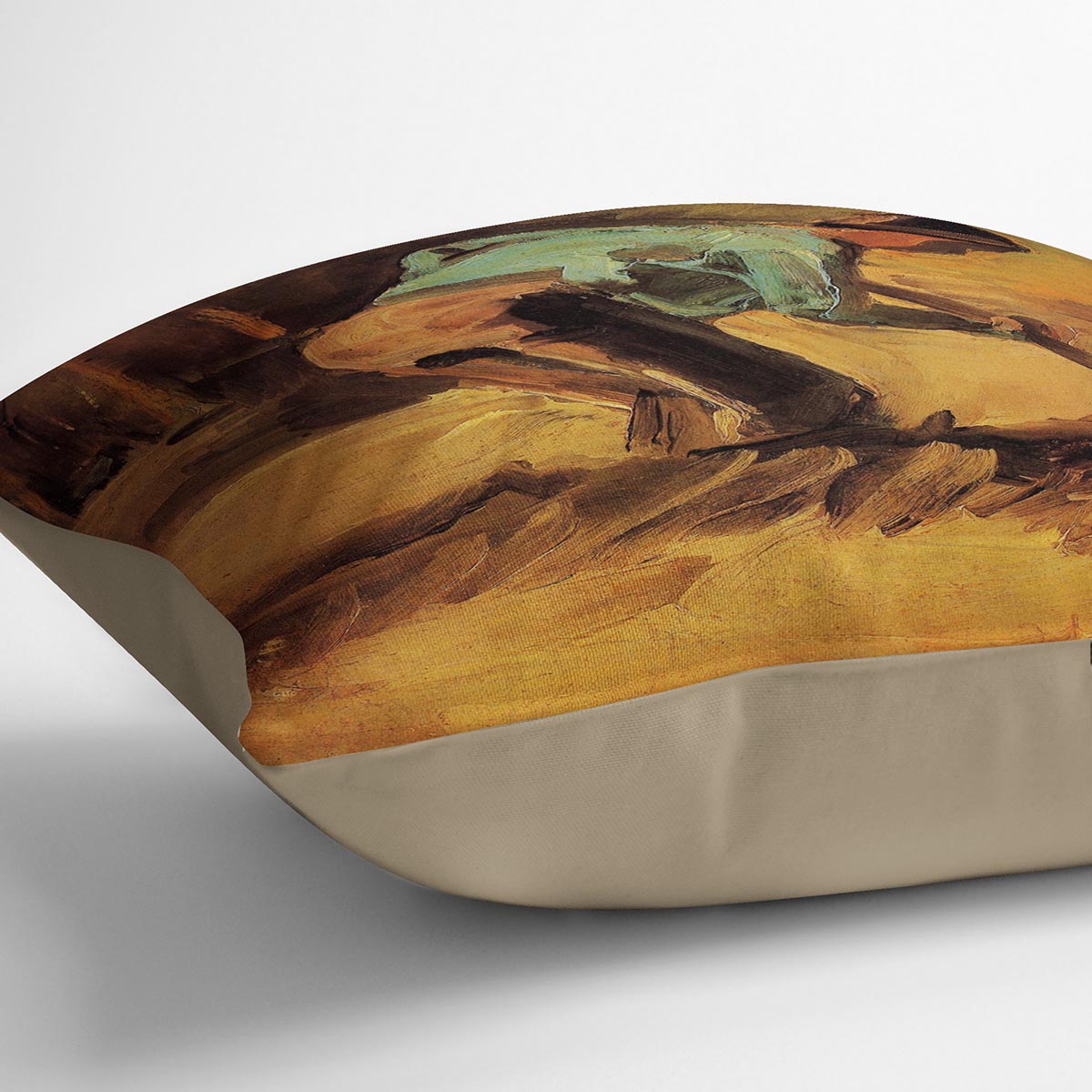 A vibrant cushion featuring Van Gogh's Man Stooping with Stick or Spade artwork, made from luxurious vegan faux suede.