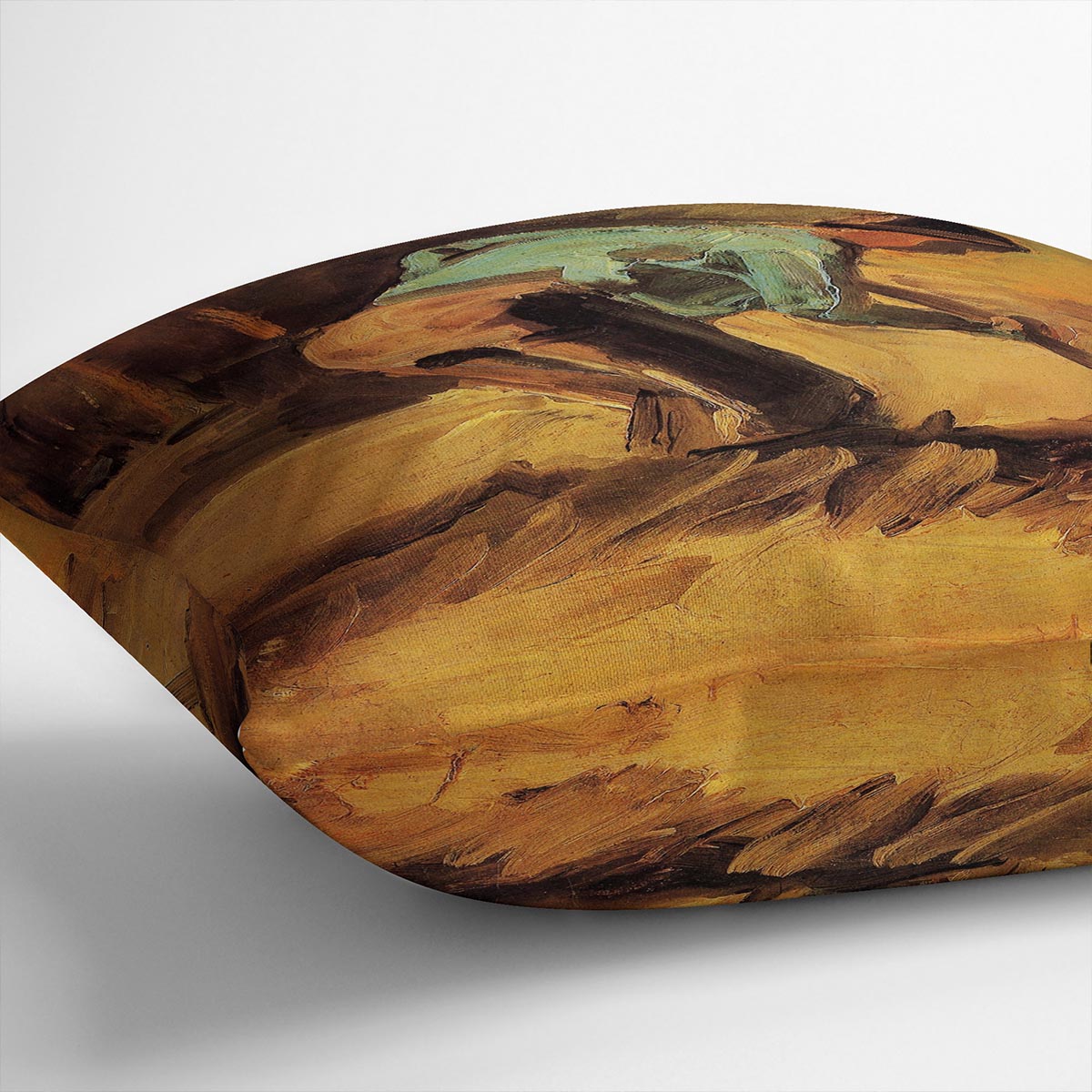 A vibrant cushion featuring Van Gogh's Man Stooping with Stick or Spade artwork, made from luxurious vegan faux suede.