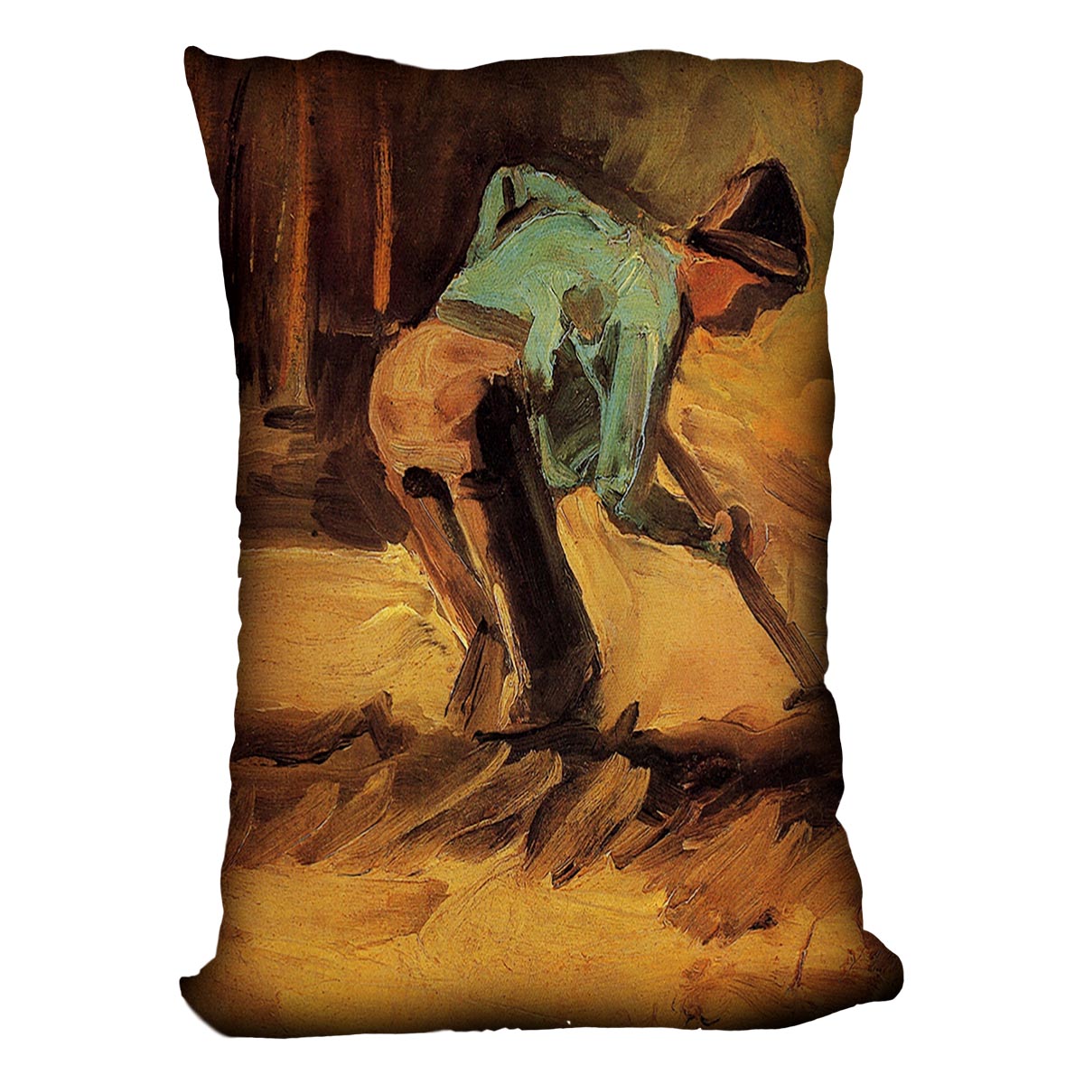 A vibrant cushion featuring Van Gogh's Man Stooping with Stick or Spade artwork, made from luxurious vegan faux suede.
