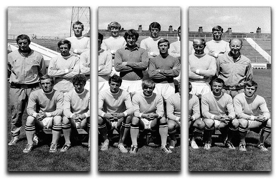 Three-panel canvas art featuring Manchester City Football Club team photo from 1969, showcasing vibrant colors and detailed imagery.