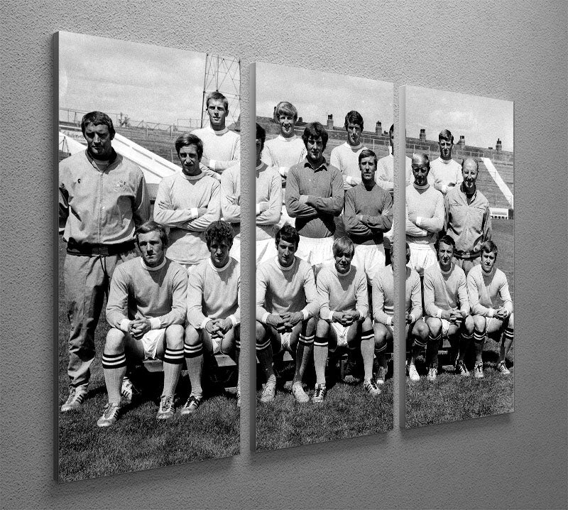 Three-panel canvas art featuring Manchester City Football Club team photo from 1969, showcasing vibrant colors and detailed imagery.
