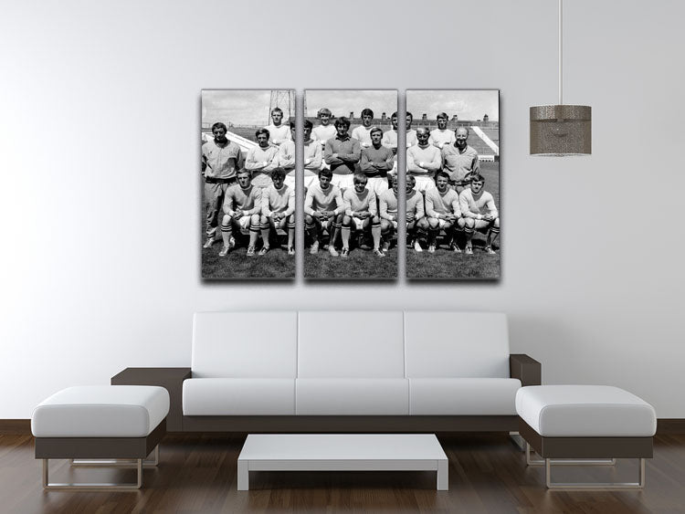 Three-panel canvas art featuring Manchester City Football Club team photo from 1969, showcasing vibrant colors and detailed imagery.