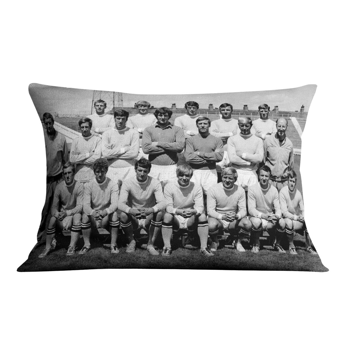 Manchester City Football Club Team Photo 1969 Cushion featuring vibrant colors and a nostalgic design, made from luxurious vegan faux suede.