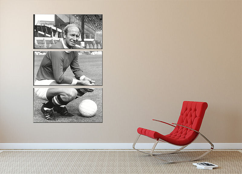 Three-panel canvas art featuring Manchester United legend Sir Bobby Charlton in 1971, showcasing vibrant colors and detailed imagery.