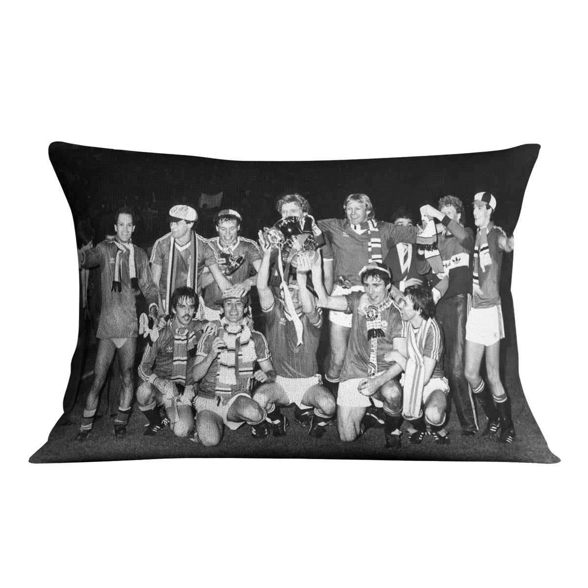 Manchester Utd Players With FA Cup 1983 cushion featuring vibrant abstract design on luxurious vegan faux suede.