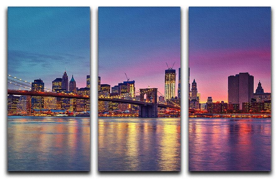 A stunning 3-panel canvas print depicting the Manhattan skyline at dusk, showcasing vibrant colors and intricate details.