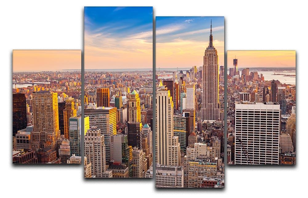 A stunning 4-panel canvas artwork depicting a vibrant Manhattan sunset, showcasing rich colors and skyline silhouettes.