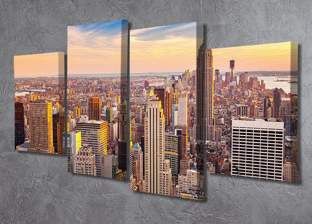 A stunning 4-panel canvas artwork depicting a vibrant Manhattan sunset, showcasing rich colors and skyline silhouettes.