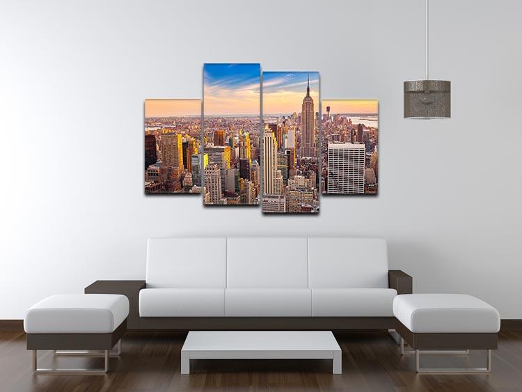 A stunning 4-panel canvas artwork depicting a vibrant Manhattan sunset, showcasing rich colors and skyline silhouettes.