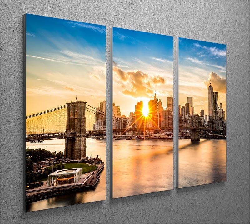 A stunning 3-panel canvas print depicting the Manhattan skyline at sunset, showcasing vibrant colors and intricate details.