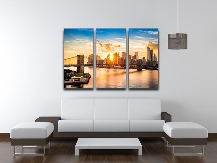 A stunning 3-panel canvas print depicting the Manhattan skyline at sunset, showcasing vibrant colors and intricate details.