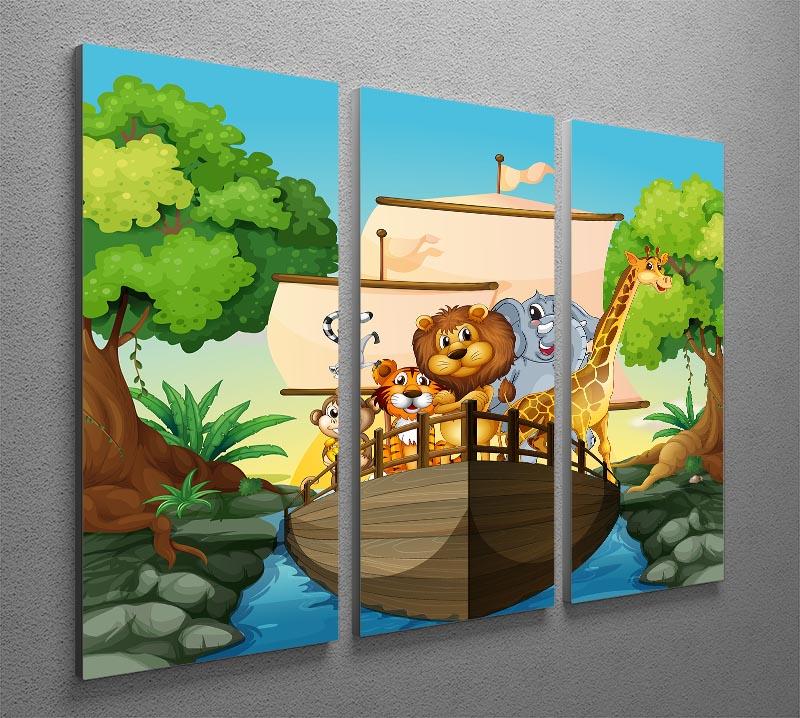 A beautiful 3-panel canvas print depicting many animals on a boat, showcasing vibrant colors and intricate details.