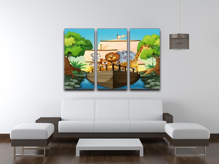 A beautiful 3-panel canvas print depicting many animals on a boat, showcasing vibrant colors and intricate details.