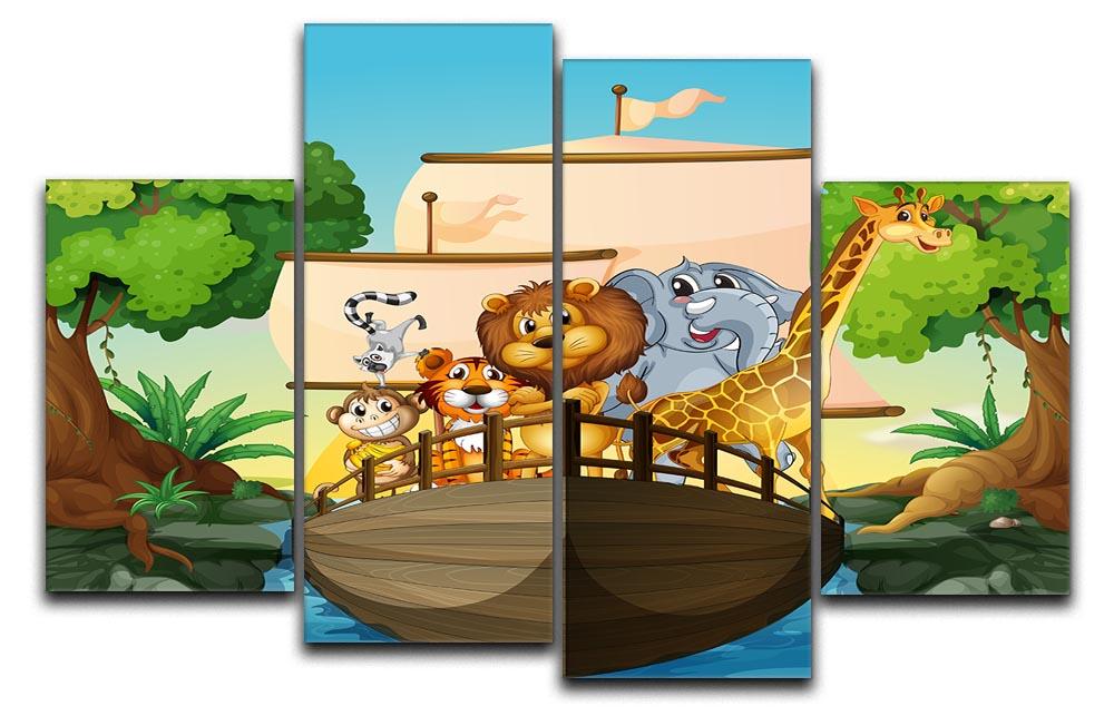 A vibrant 4-panel canvas artwork depicting various animals on a boat, showcasing a colorful and playful scene.