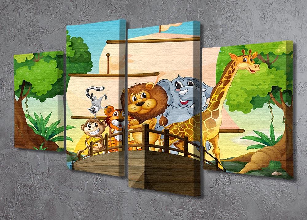 A vibrant 4-panel canvas artwork depicting various animals on a boat, showcasing a colorful and playful scene.