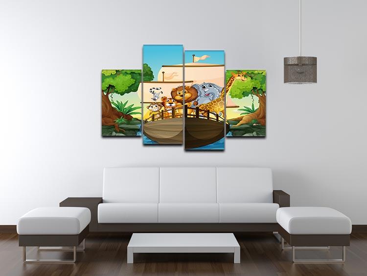 A vibrant 4-panel canvas artwork depicting various animals on a boat, showcasing a colorful and playful scene.