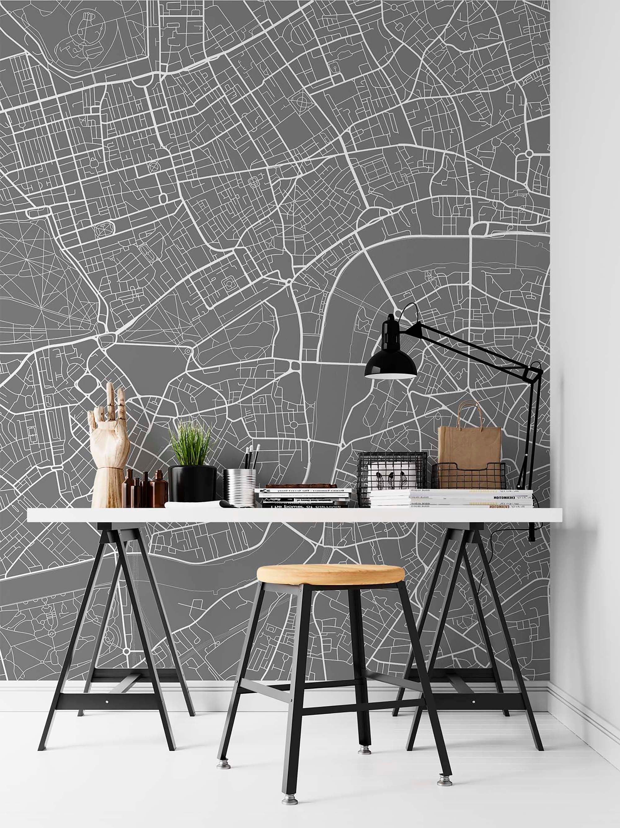 Monochrome Map of London wallpaper showcasing intricate urban design in black and white, perfect for modern decor.