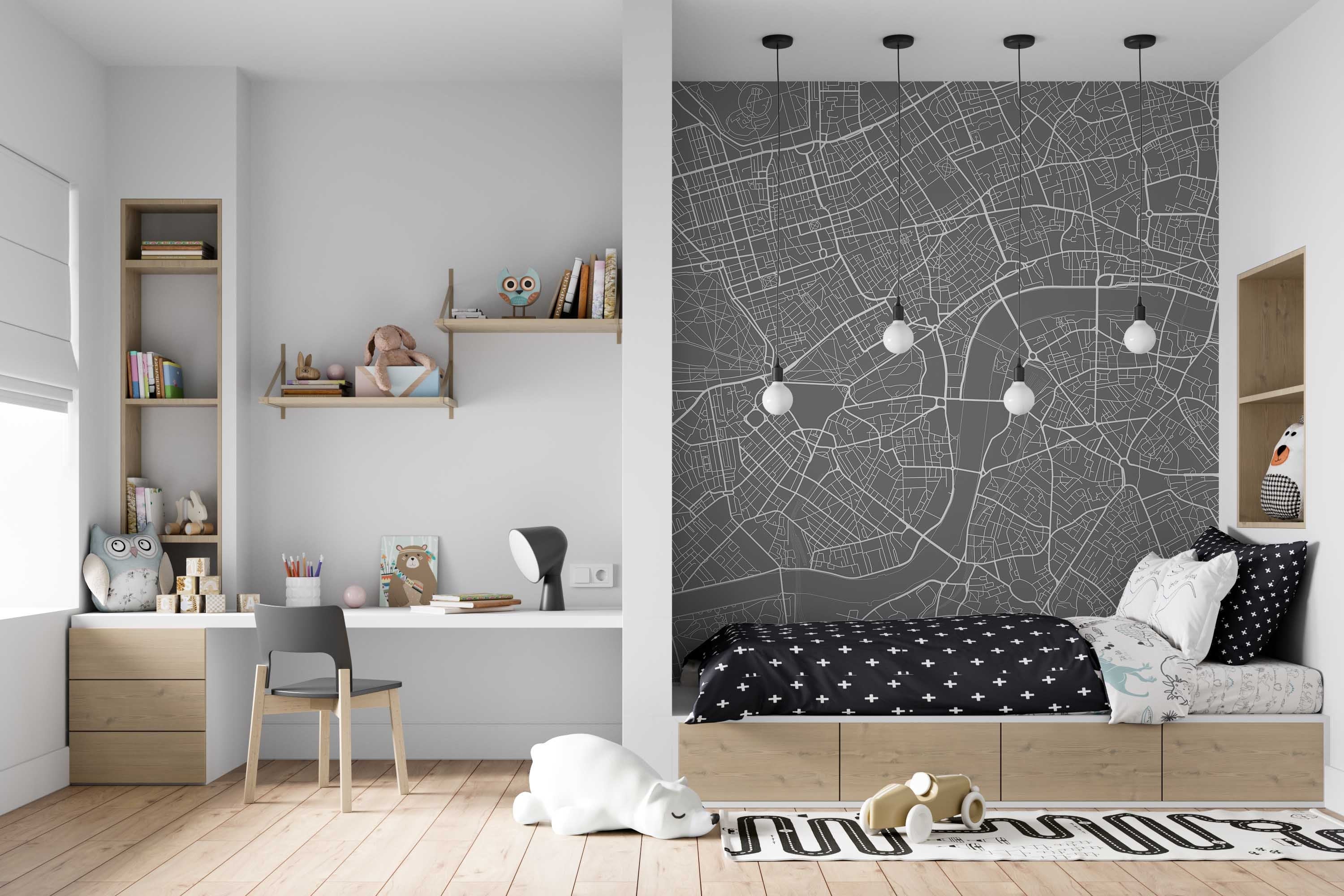 Monochrome Map of London wallpaper showcasing intricate urban design in black and white, perfect for modern decor.