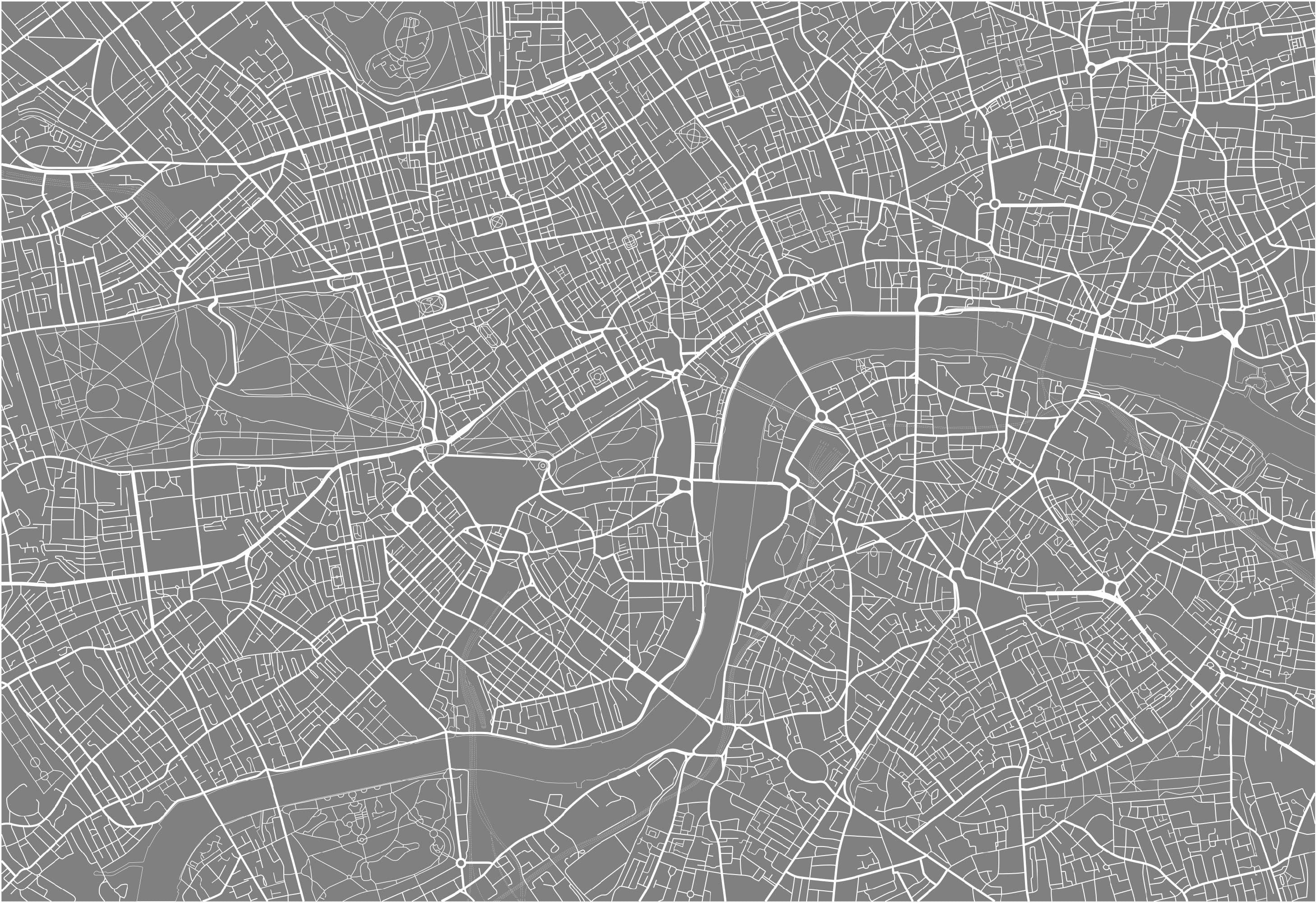 Monochrome Map of London wallpaper showcasing intricate urban design in black and white, perfect for modern decor.