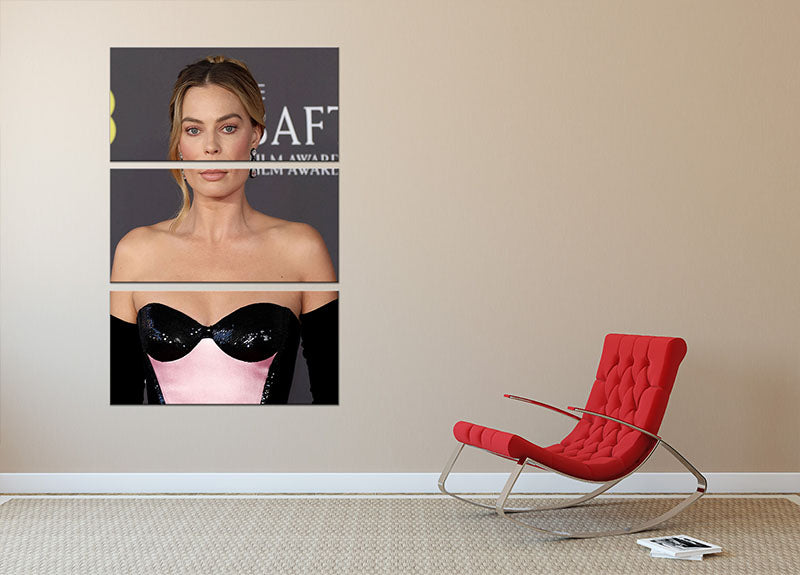 A stunning 3-panel canvas print featuring Margot Robbie at the BAFTAs, showcasing elegance and sophistication in wall art.