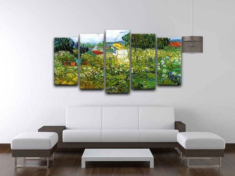 5 split panel canvas artwork of Marguerite Gachet in the Garden by Van Gogh, showcasing vibrant colors and intricate details.