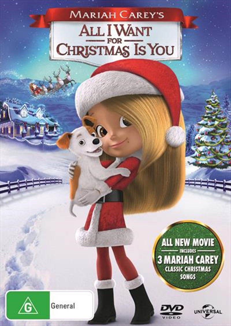 Mariah Carey's All I Want For Christmas Is You DVD cover featuring festive animation and holiday themes.