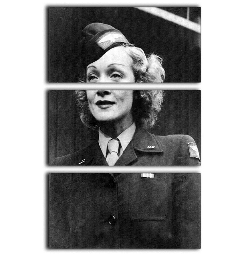 Three-panel canvas print featuring Marlene Dietrich in uniform, showcasing her iconic style and elegance.