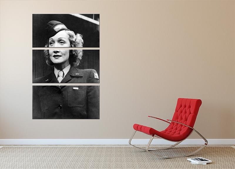 Three-panel canvas print featuring Marlene Dietrich in uniform, showcasing her iconic style and elegance.