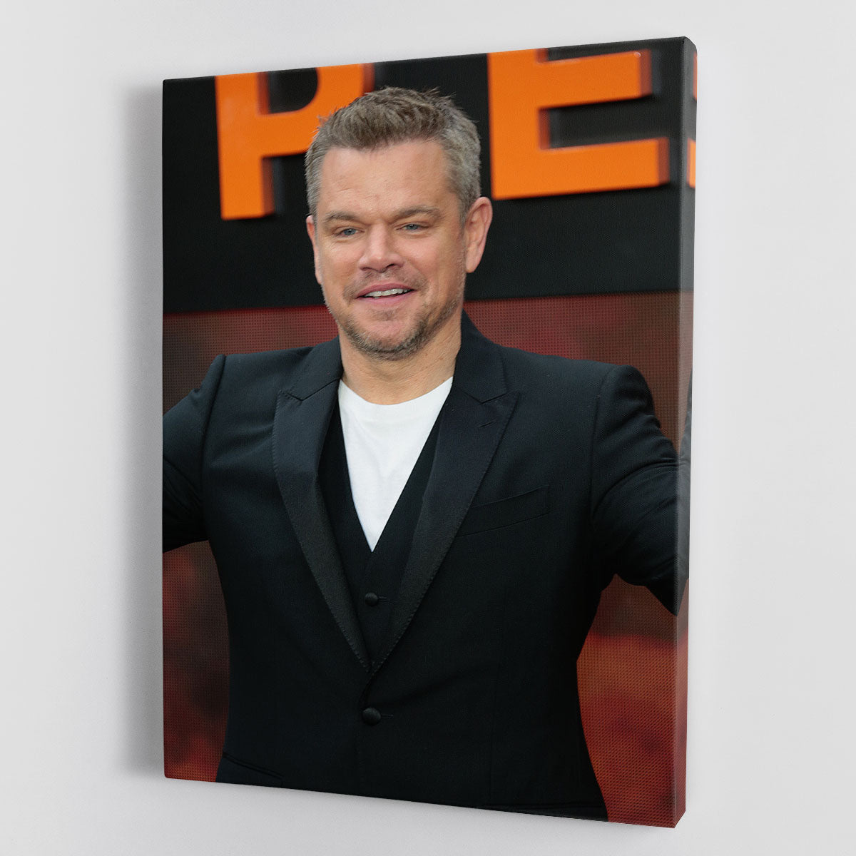 Canvas print or poster featuring Matt Damon at the Oppenheimer premiere, showcasing vibrant colors and detailed imagery.