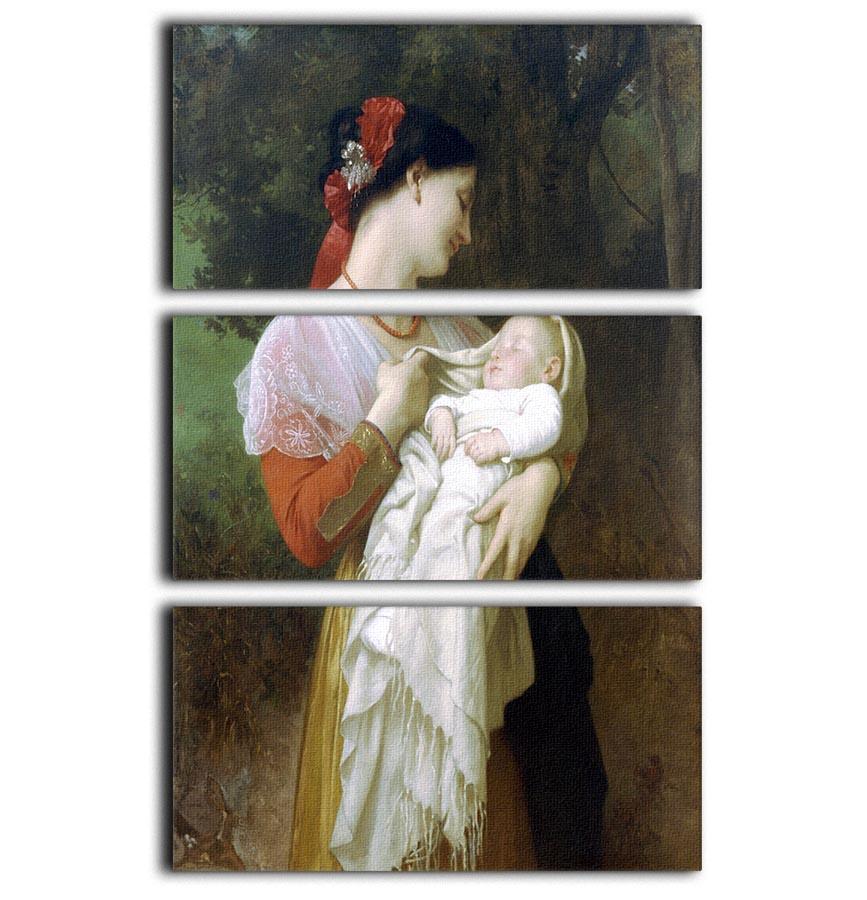 Maternal Admiration By Bouguereau 3-panel canvas print showcasing elegant artwork in three sections.