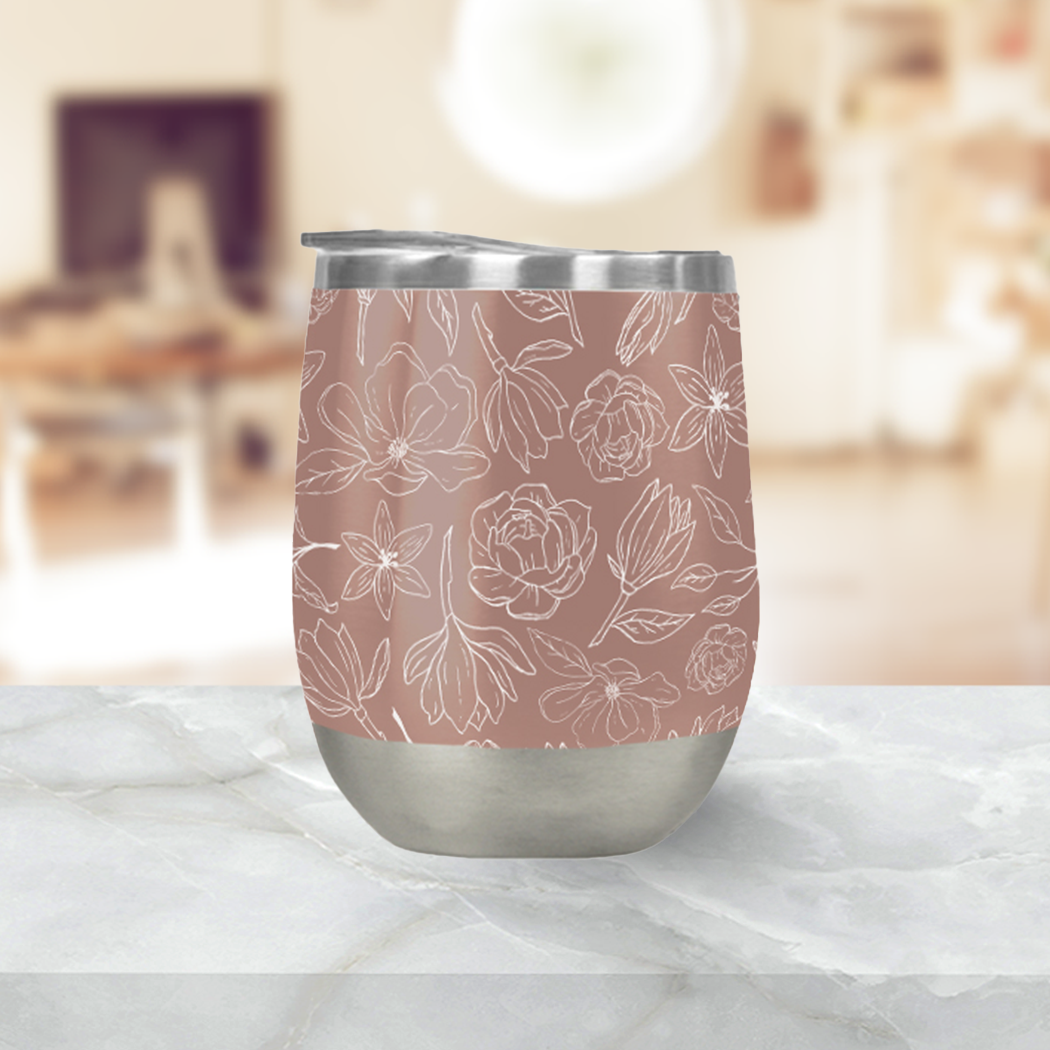 Mauve Magnolia Wine Tumbler showcasing its elegant design and stainless steel construction, perfect for outdoor use.