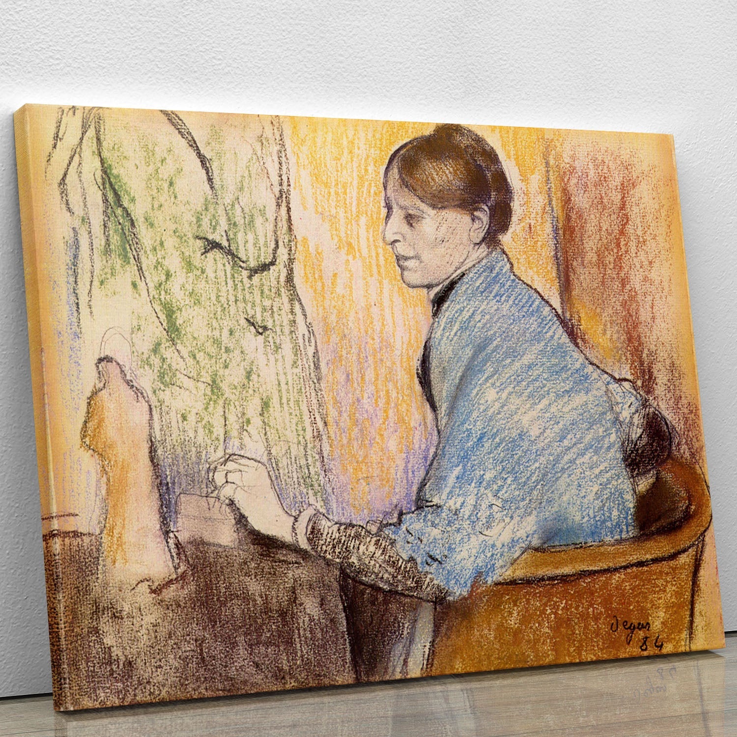 Canvas print of Mme Henri Rouart before a statue by Degas, showcasing elegant art in a modern setting.