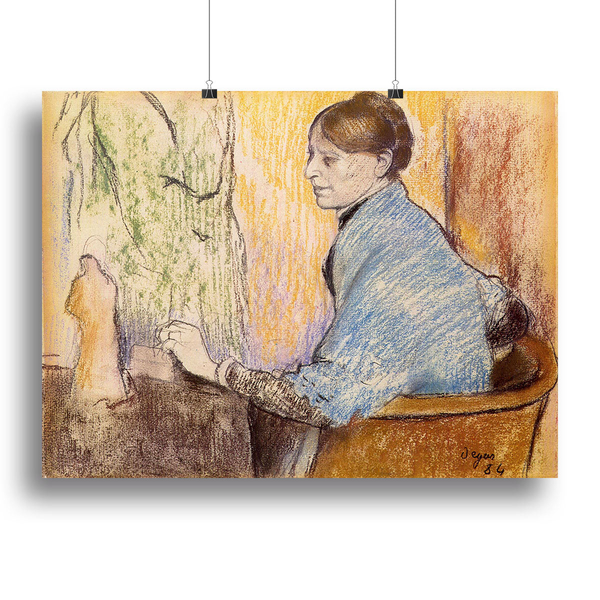 Canvas print of Mme Henri Rouart before a statue by Degas, showcasing elegant art in a modern setting.