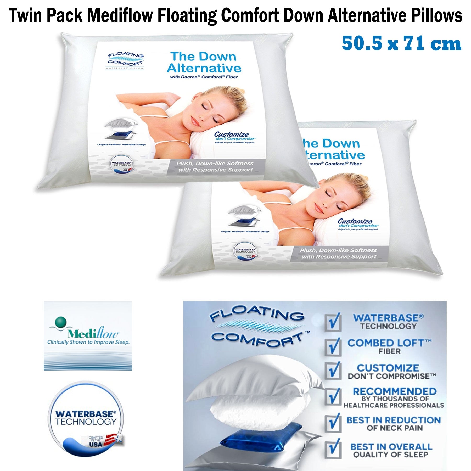 Mediflow Twin Pack Adjustable Floating Comfort Down Alternative pillows with waterbase technology, featuring a soft cotton cover and premium fiberfill.