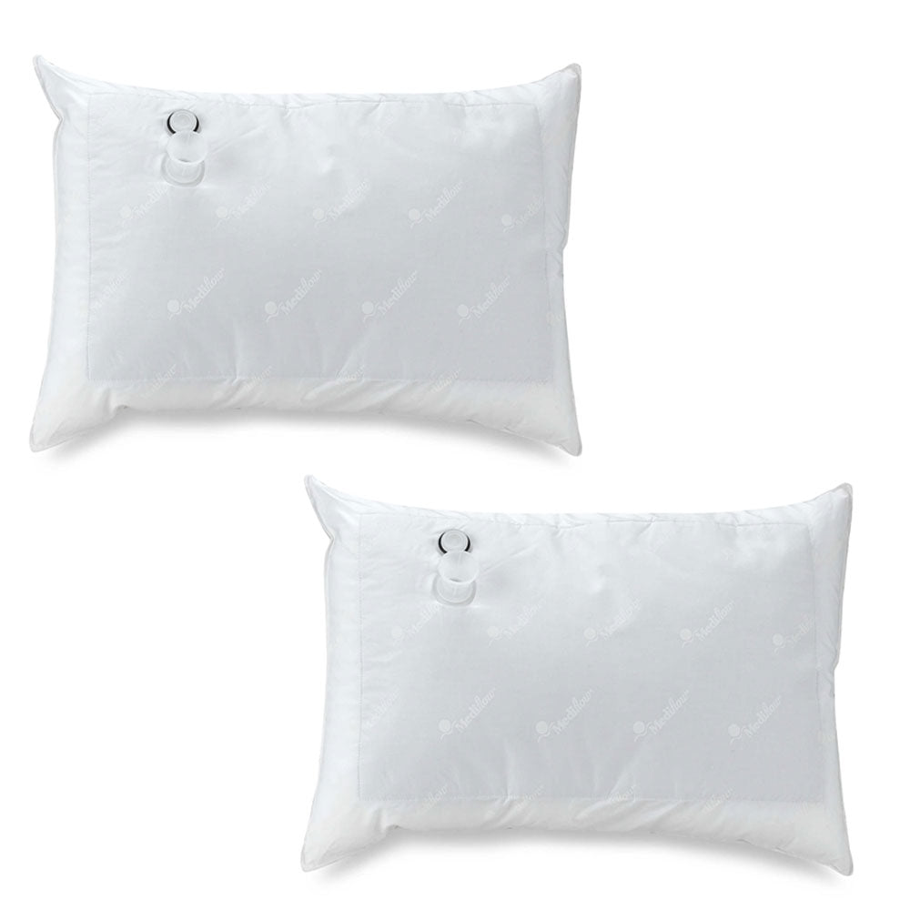 Mediflow Twin Pack Adjustable Floating Comfort Down Alternative pillows with waterbase technology, featuring a soft cotton cover and premium fiberfill.