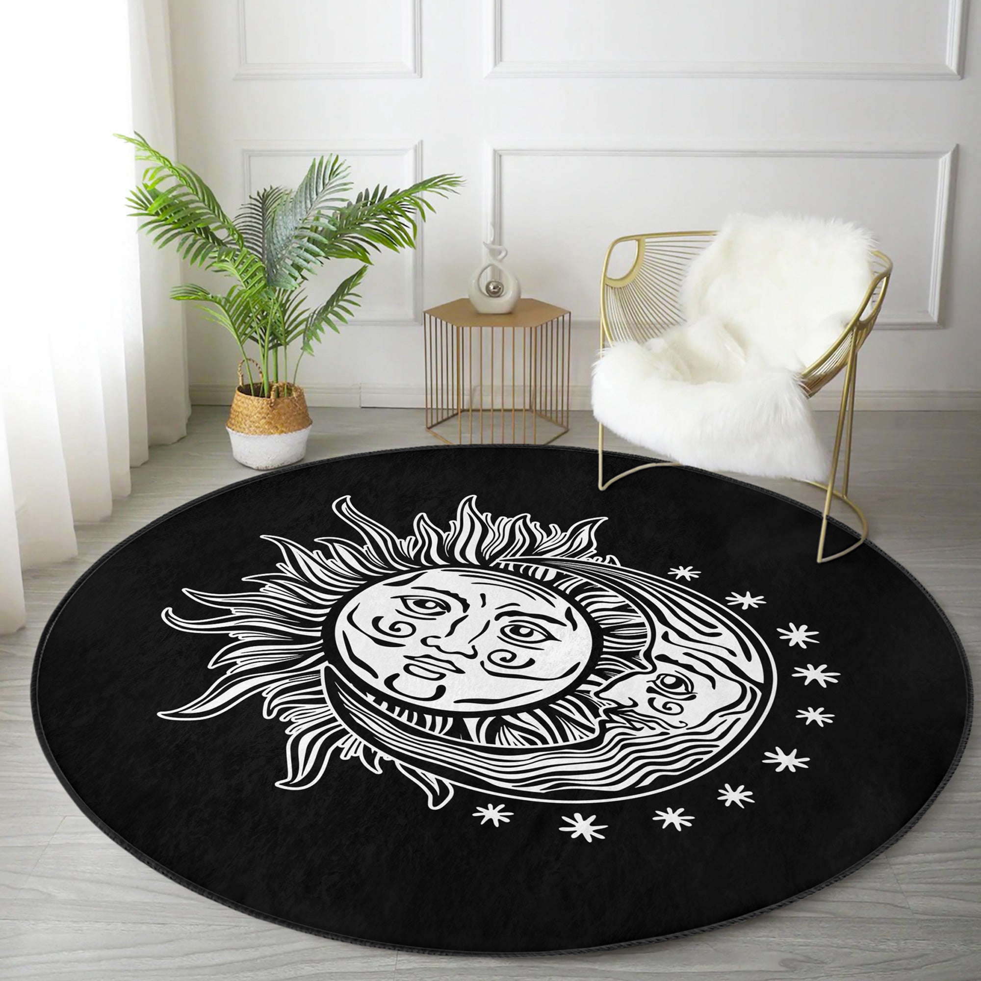 Medusa and Moon Pattern Boho Round Rug showcasing vibrant colors and intricate design, perfect for home decor.