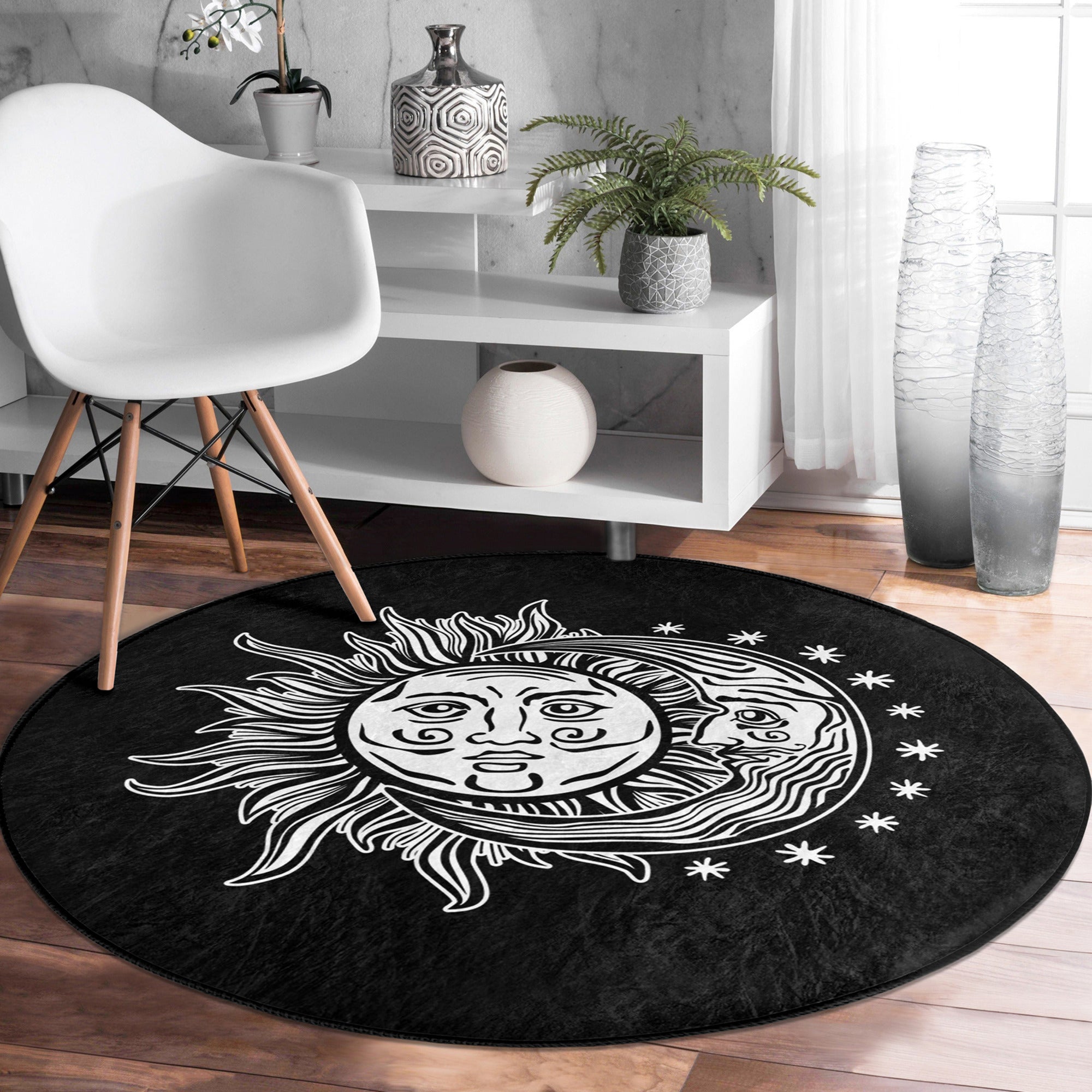 Medusa and Moon Pattern Boho Round Rug showcasing vibrant colors and intricate design, perfect for home decor.