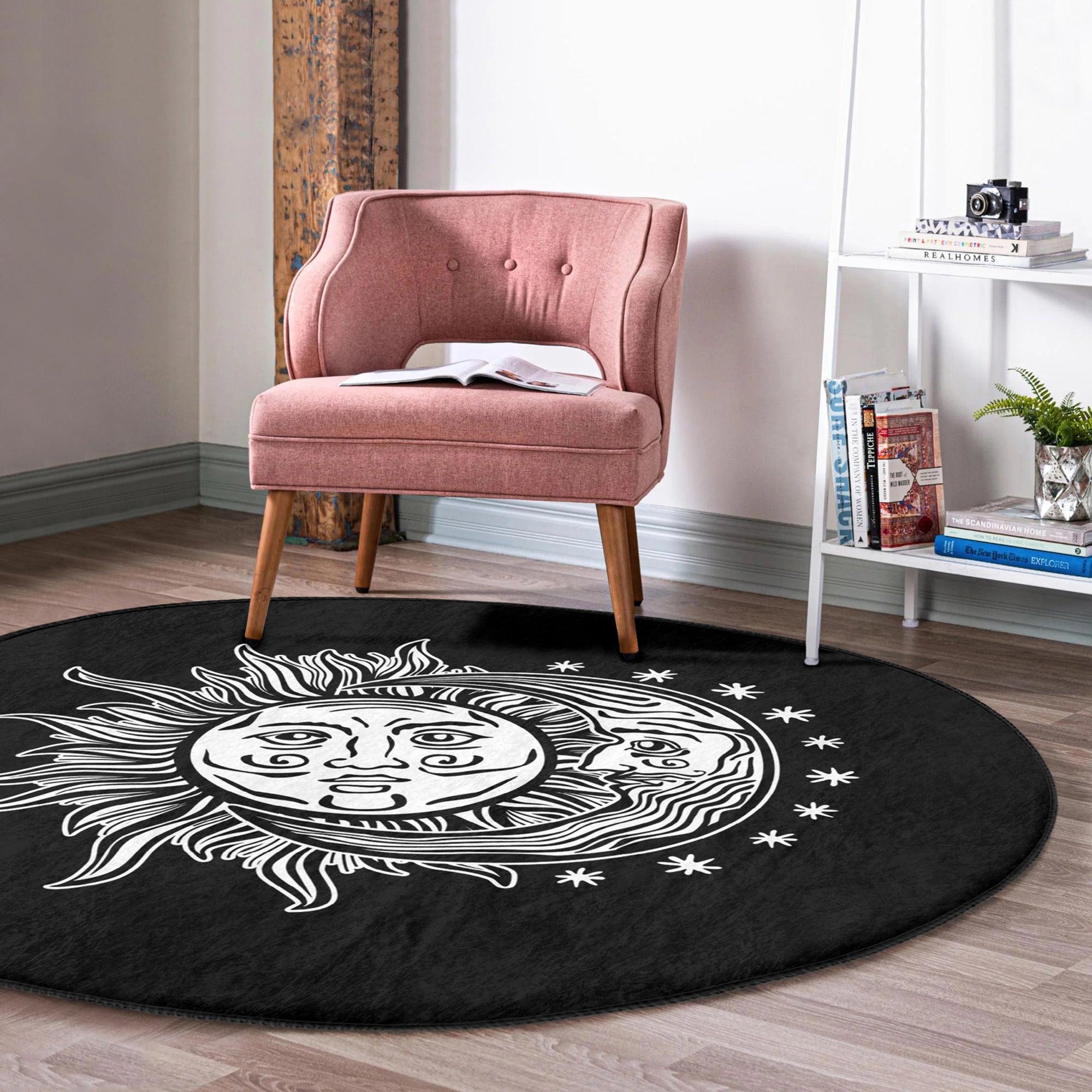 Medusa and Moon Pattern Boho Round Rug showcasing vibrant colors and intricate design, perfect for home decor.