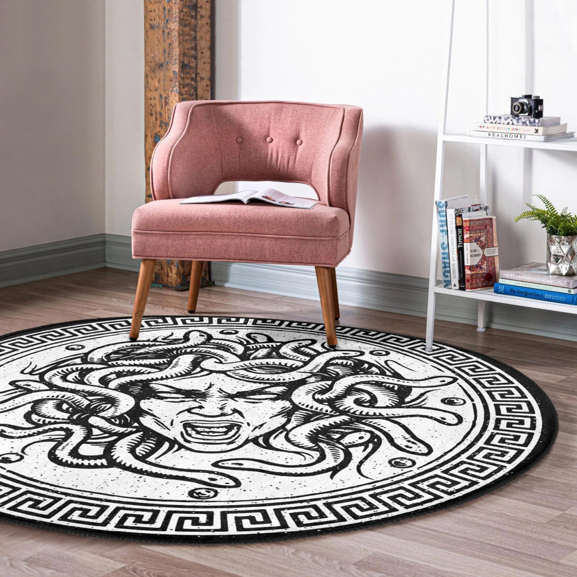 Medusa patterned decorative round rug in vibrant colors, showcasing intricate design and soft velvet texture, ideal for living room decor.