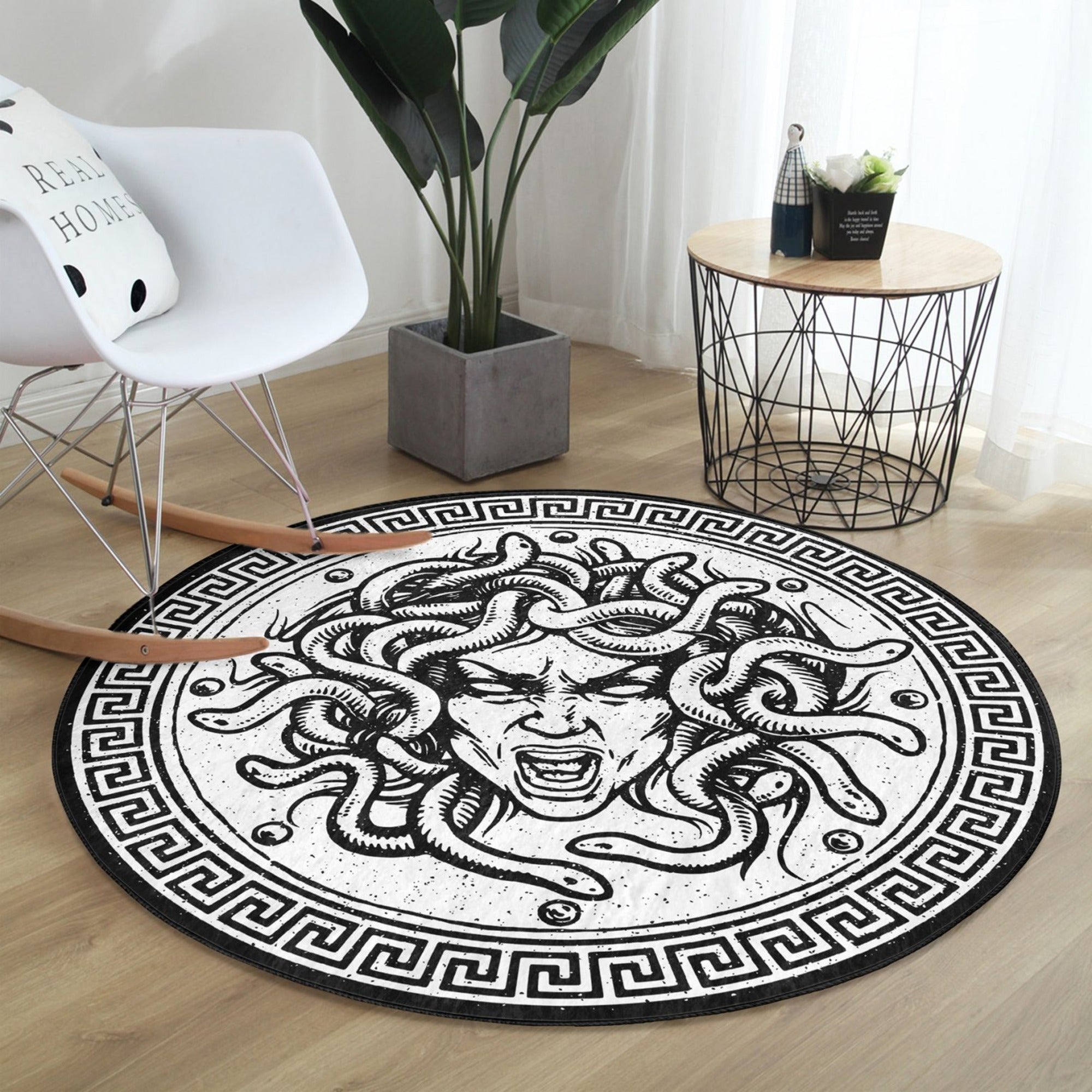 Medusa patterned decorative round rug in vibrant colors, showcasing intricate design and soft velvet texture, ideal for living room decor.
