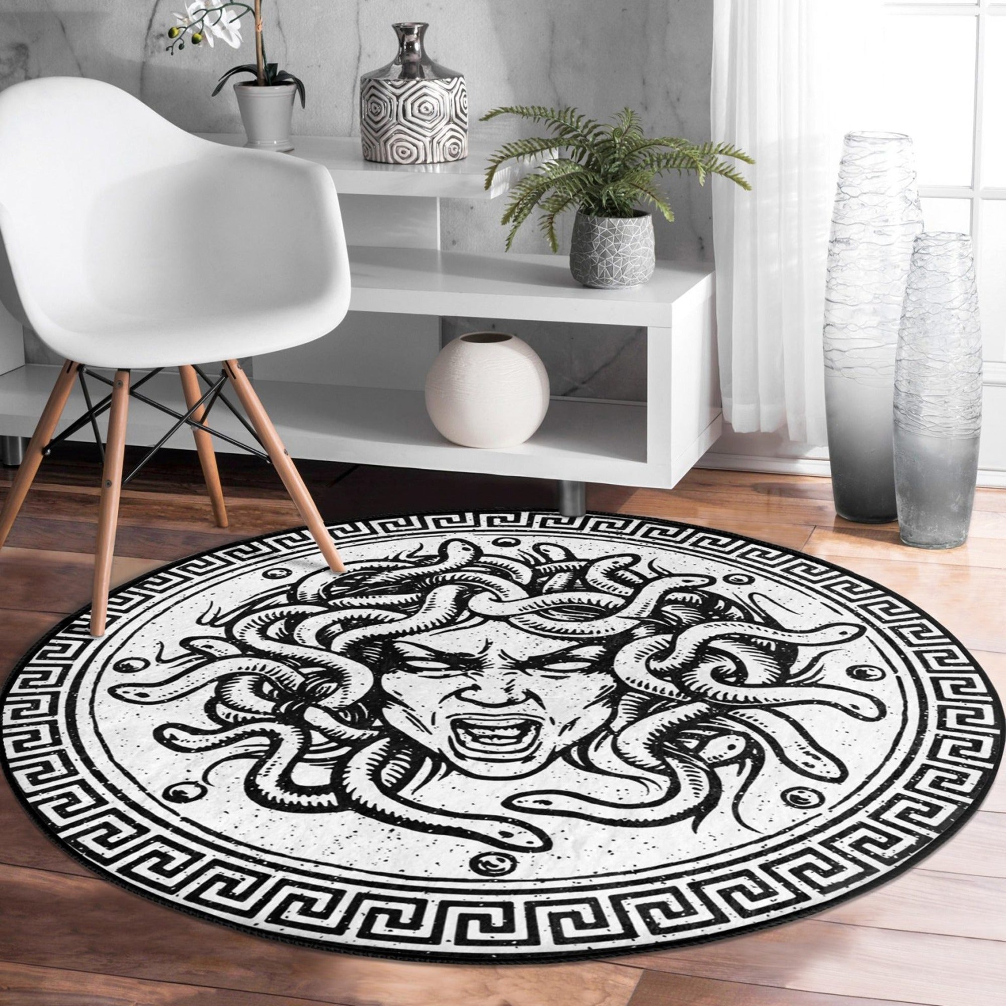 Medusa patterned decorative round rug in vibrant colors, showcasing intricate design and soft velvet texture, ideal for living room decor.